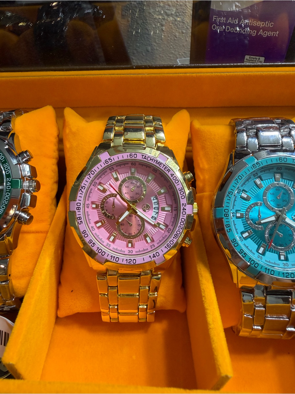 Mens Gold Stainless Steel Watch With Pink Dial